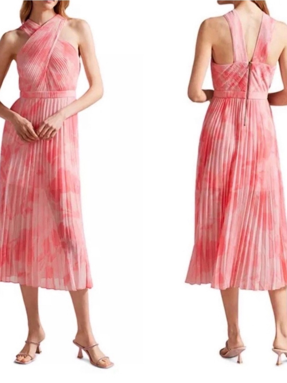 Ted Baker Mirelia Midi Dress Women 12 Crisscross Halter Pleated Floral Pink